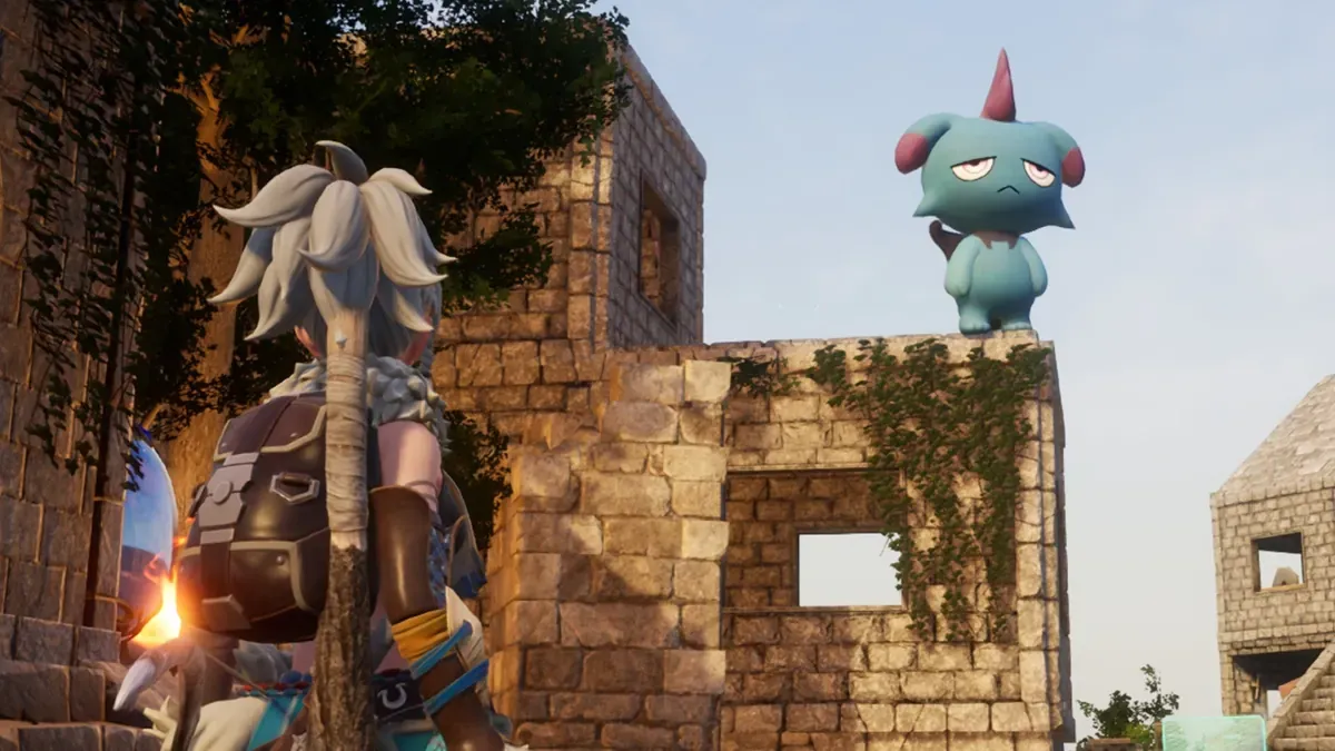 Palworld stone base with Depresso on a rooftop