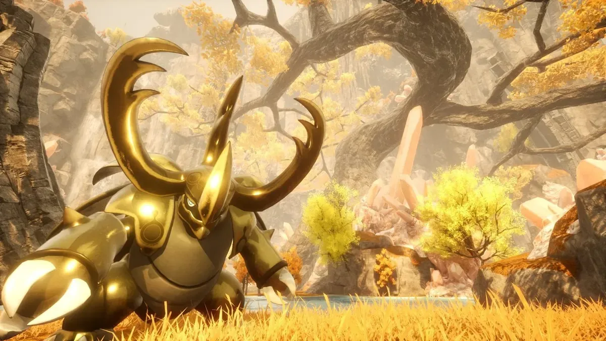 Golden Warsect Pal in a Palworld field