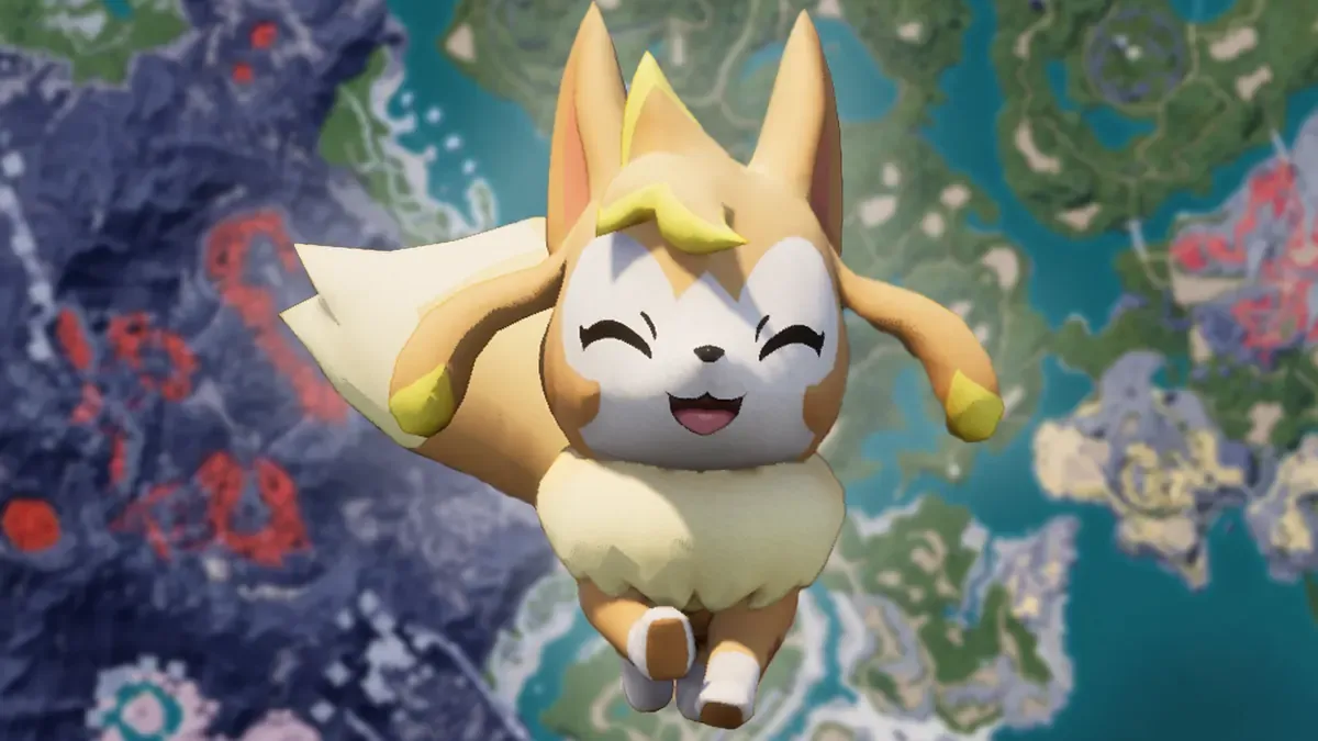 Vixy in front of the Palworld world map