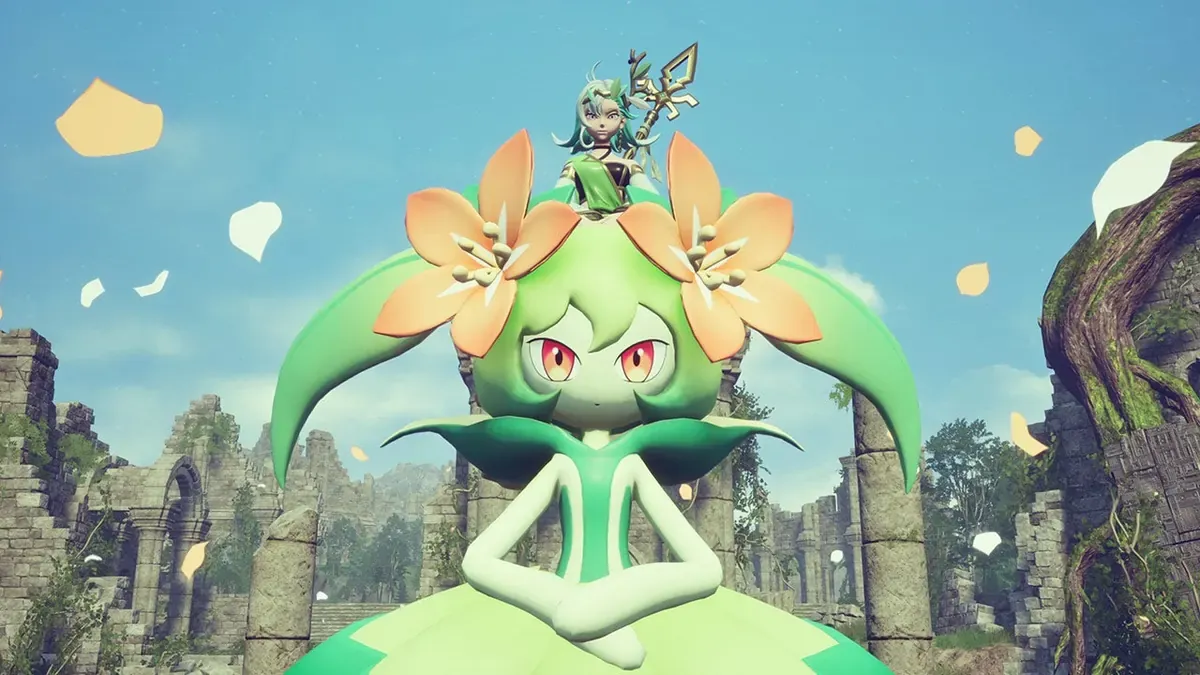 Lily and Lyleen in Palworld ruins during a tower fight
