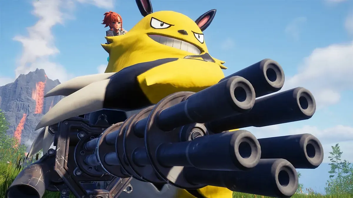 Grizzbolt with a minigun in Palworld on a volcanic field