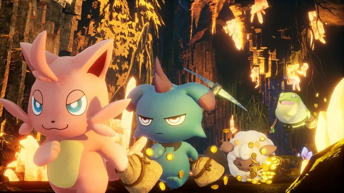 Cattiva, Depresso, Lamball, and Fuack carrying loot in a Palworld cave