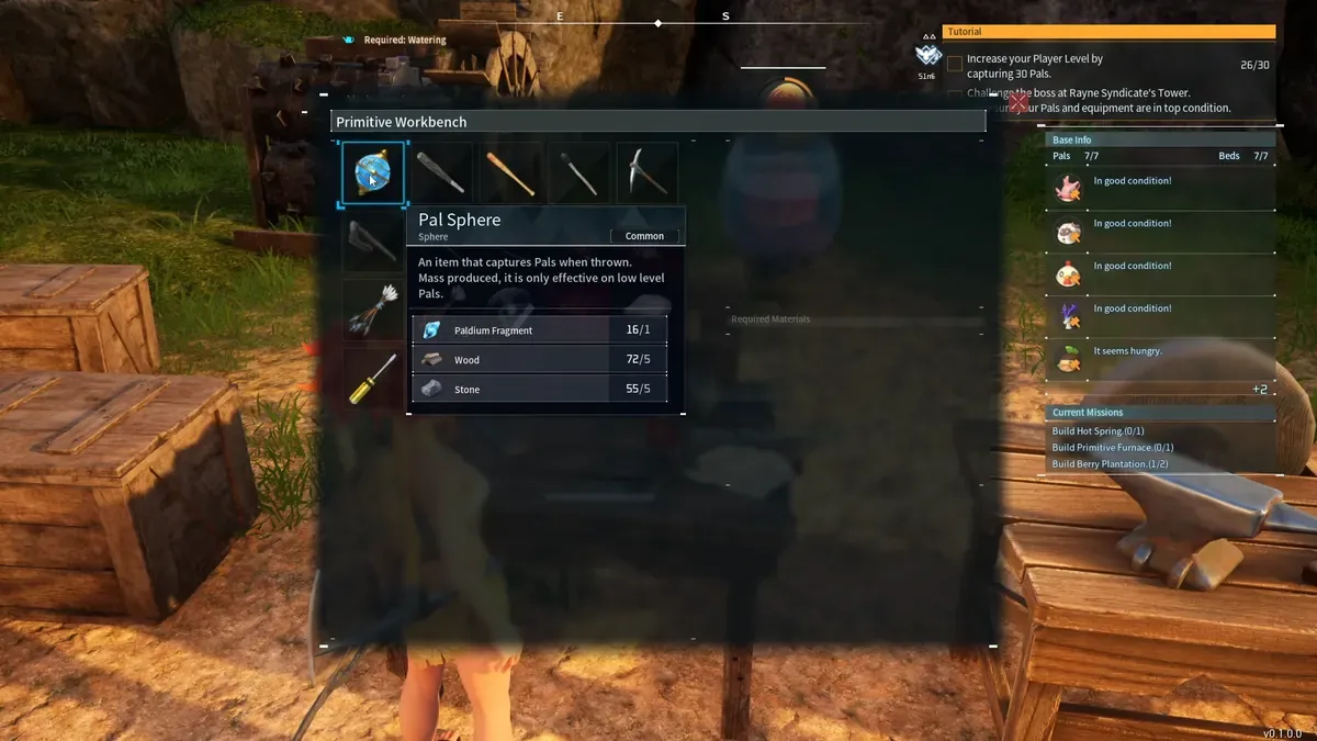 Palworld Primitive Workbench crafting Pal Spheres at a base