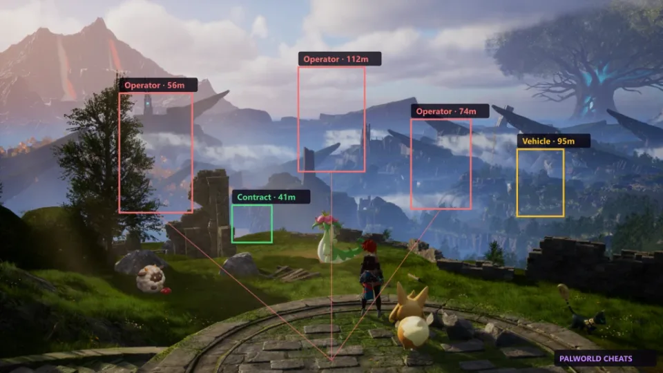 Palworld ESP overlay showing entity boxes and distance